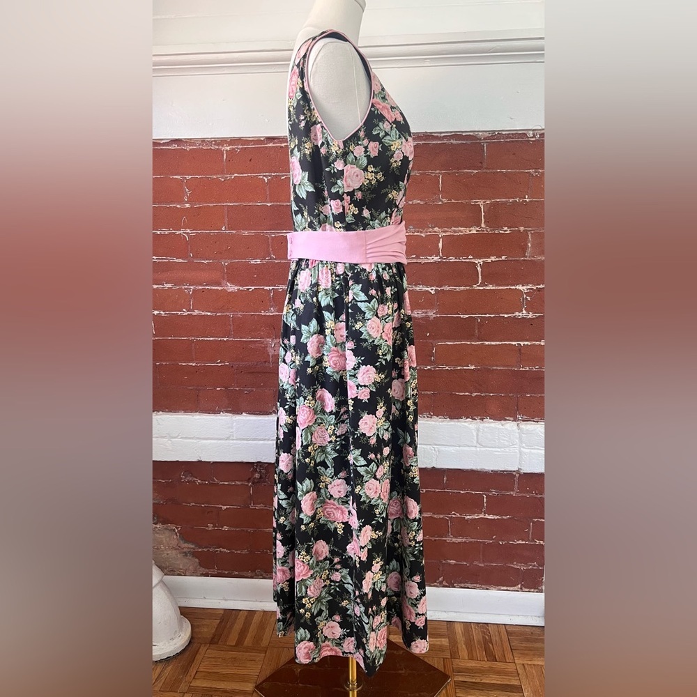 Vintage Lanz  80’s Black and Pink  Floral Midi Dress Sleeveless  Cottagecore - Picture 4 of 16